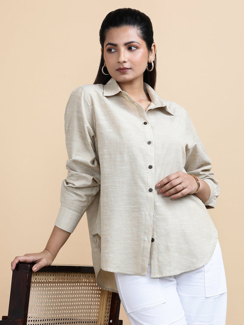 Abby x Soma Shirt, in Beige 100% Pure Handloom Khadi Cotton, featuring full sleeves and regular collar neckline (view 3).