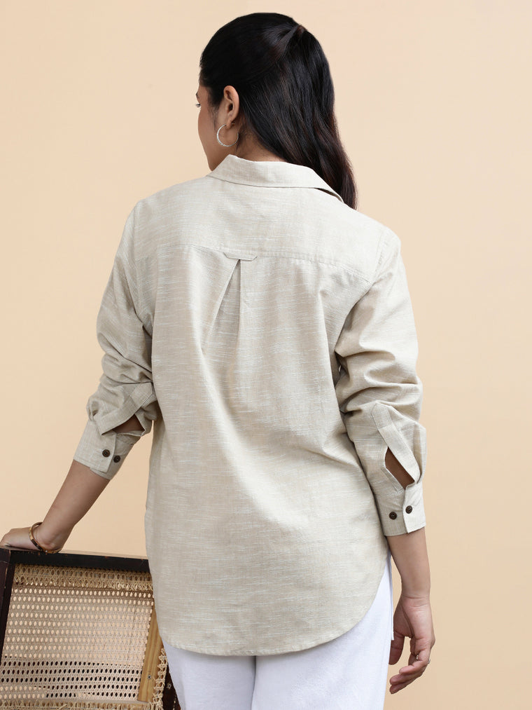 Abby x Soma Shirt, in Beige 100% Pure Handloom Khadi Cotton, featuring full sleeves and regular collar neckline.