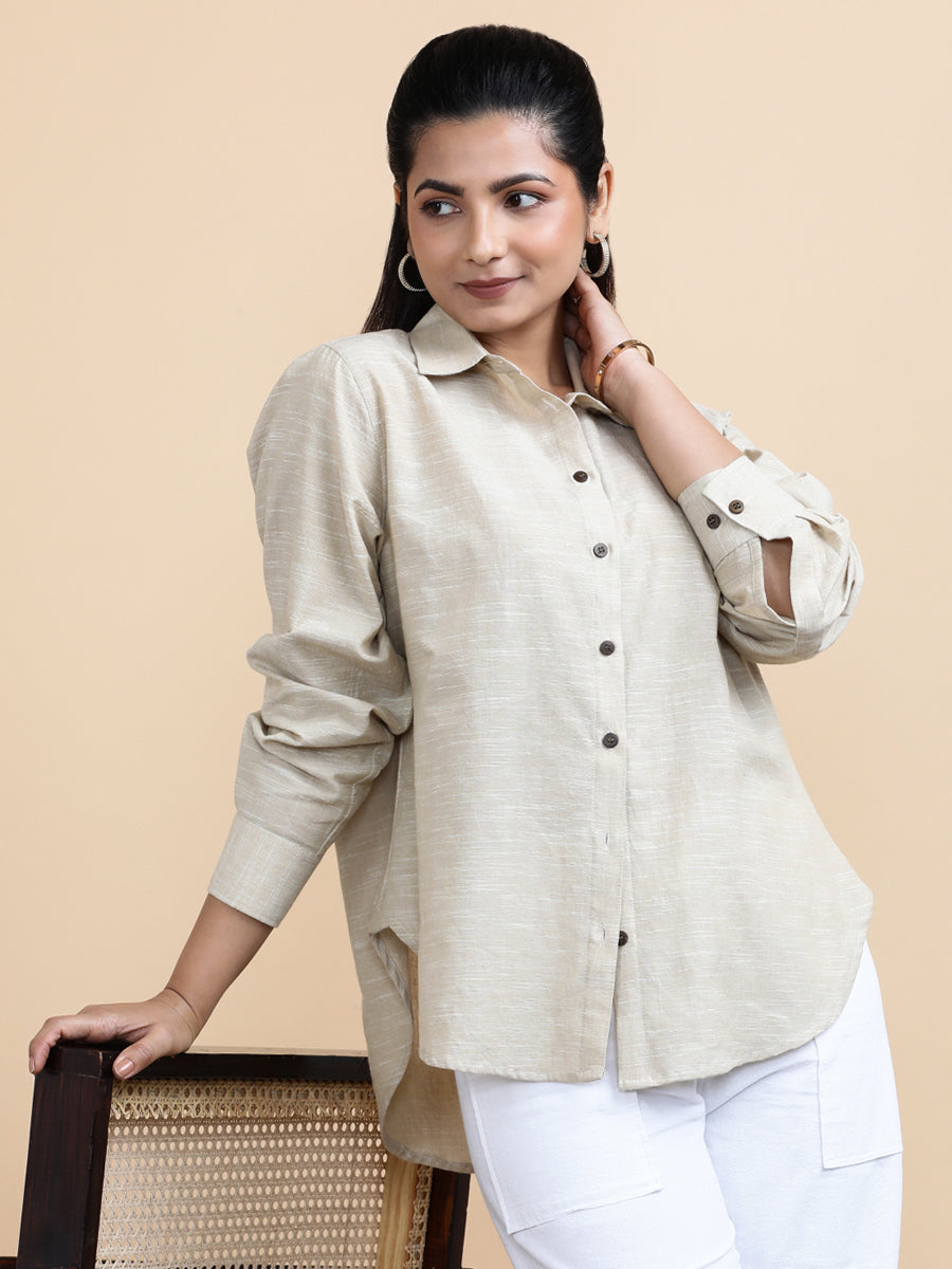 Abby x Soma Shirt, in Beige 100% Pure Handloom Khadi Cotton, featuring full sleeves and regular collar neckline (view 4).