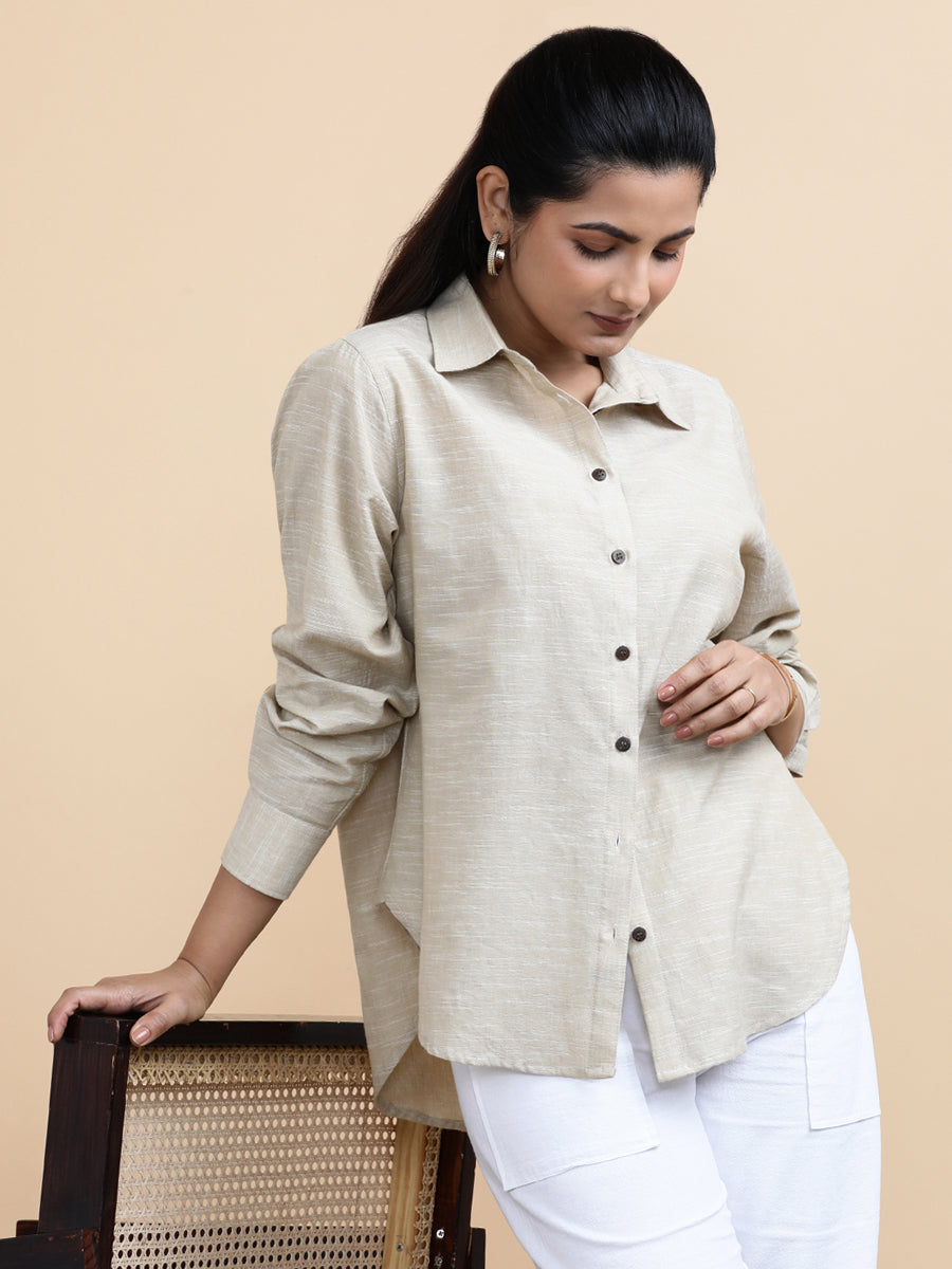 Abby x Soma Shirt, in Beige 100% Pure Handloom Khadi Cotton, featuring full sleeves and regular collar neckline (view 5).