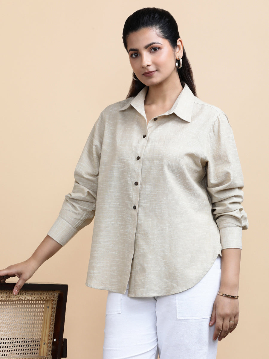 Abby x Soma Shirt, in Beige 100% Pure Handloom Khadi Cotton, featuring full sleeves and regular collar neckline (view 6).