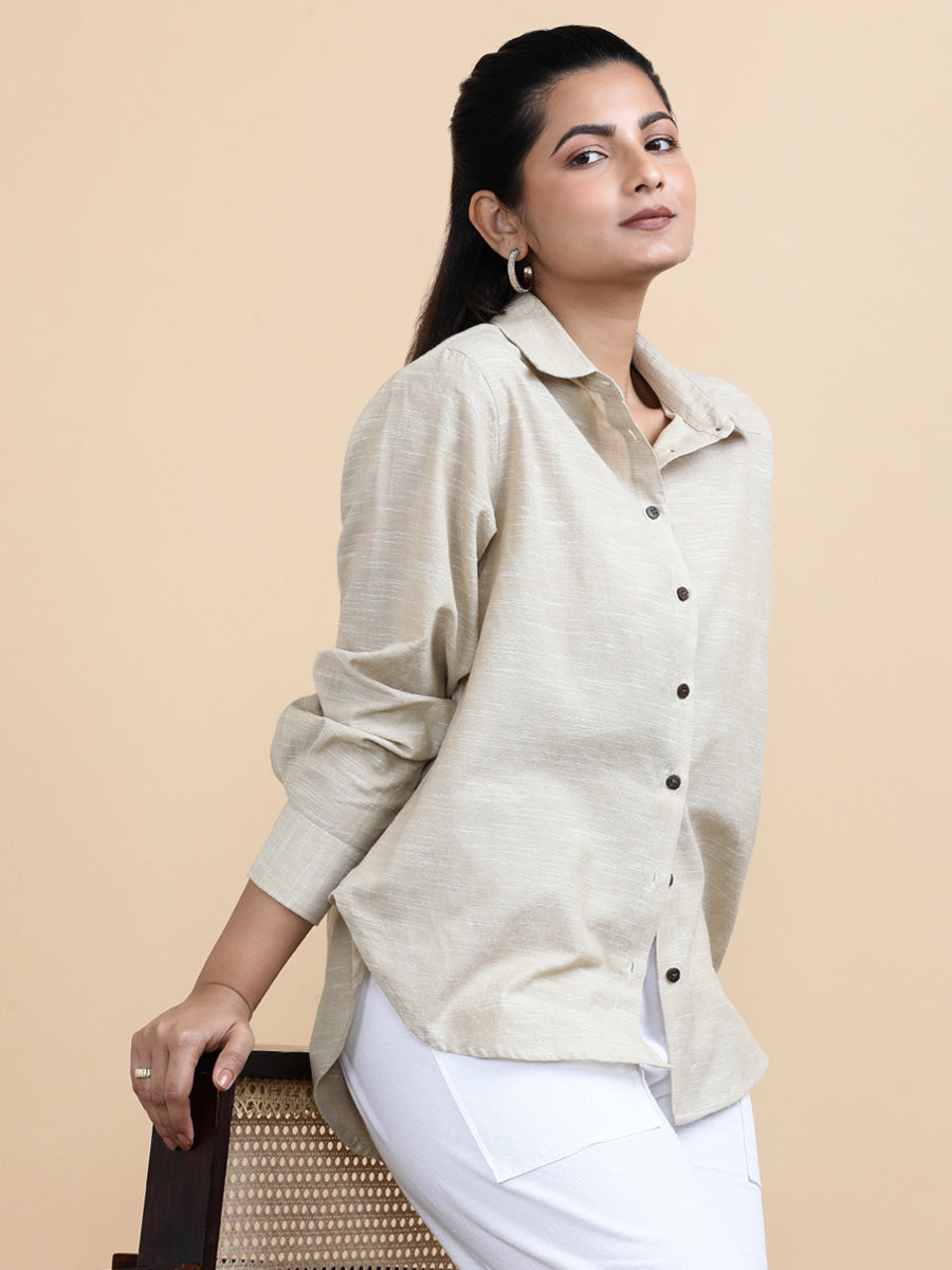 Abby x Soma Shirt, in Beige 100% Pure Handloom Khadi Cotton, featuring full sleeves and regular collar neckline (view 7).