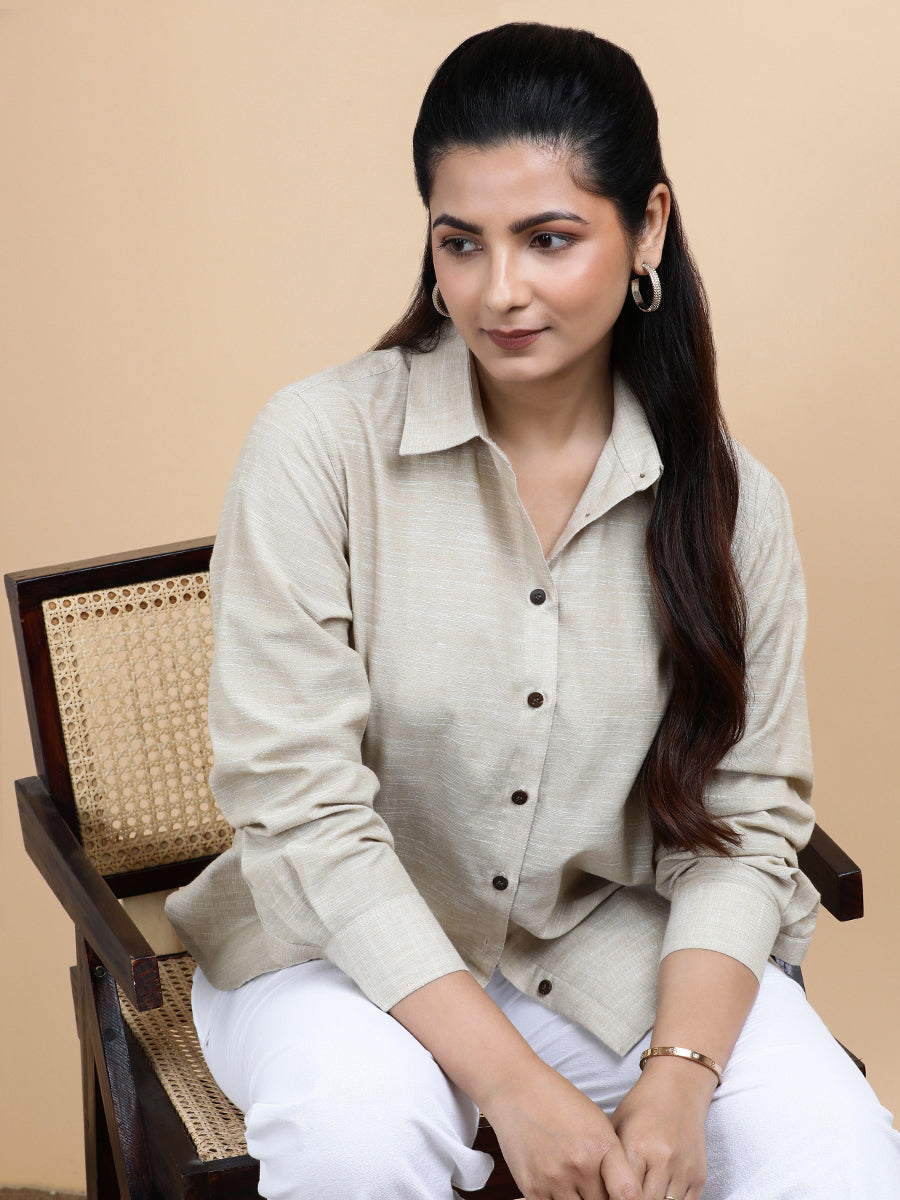 Abby x Soma Shirt, in Beige 100% Pure Handloom Khadi Cotton, featuring full sleeves and regular collar neckline (view 8).