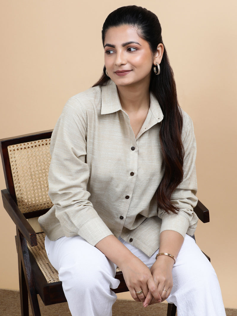 Abby x Soma | Relaxed Women's Shirt in Sandy Weave Handloom Khadi Cotton-Binks