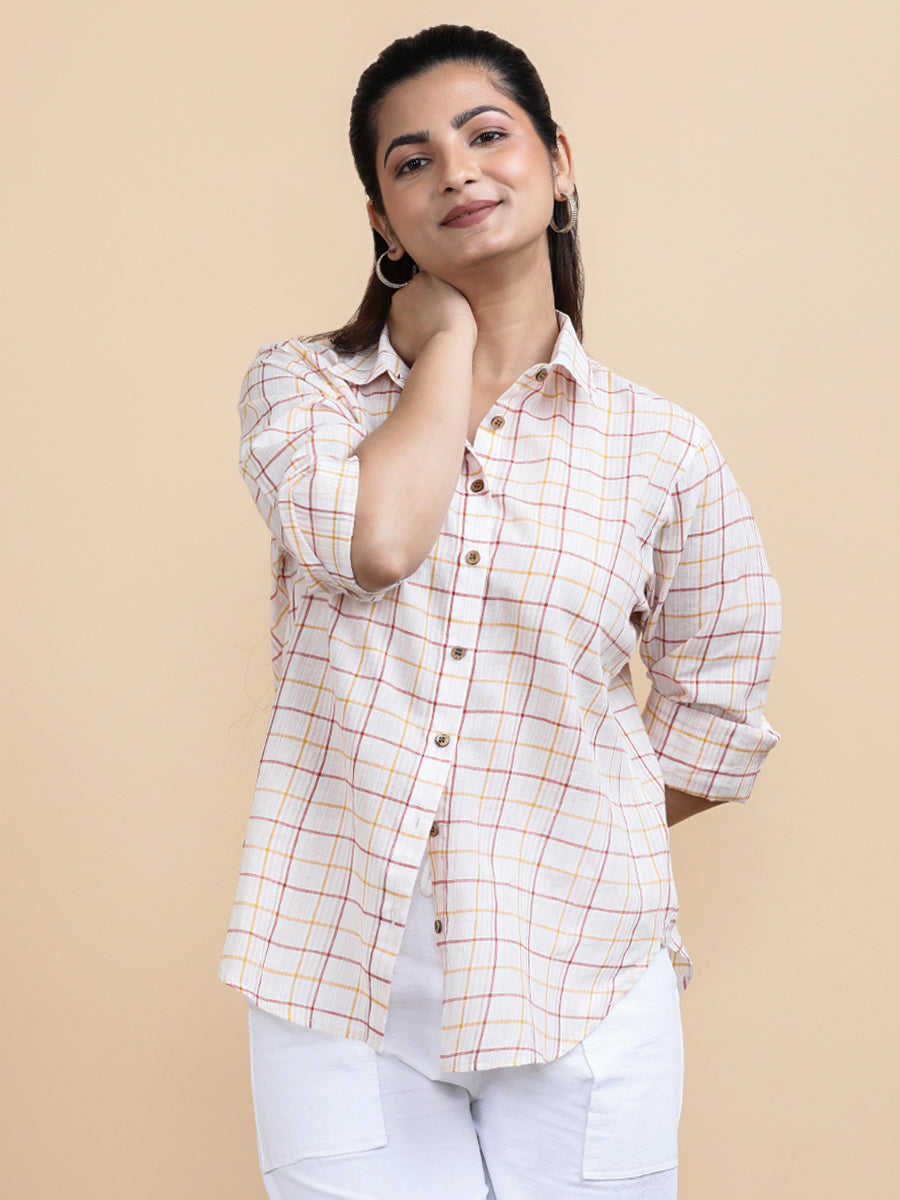 Amelia x Soma Shirt, in Multicolour 100% Pure Handloom Khadi Cotton, featuring full sleeves and regular collar neckline.