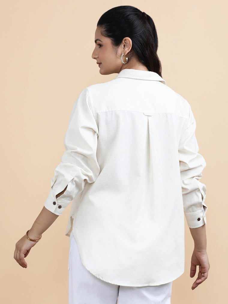 Aria x Soma Shirt, in Cream 70% Cotton 30% Linen, featuring full sleeves and regular collar neckline, made for daily & work.