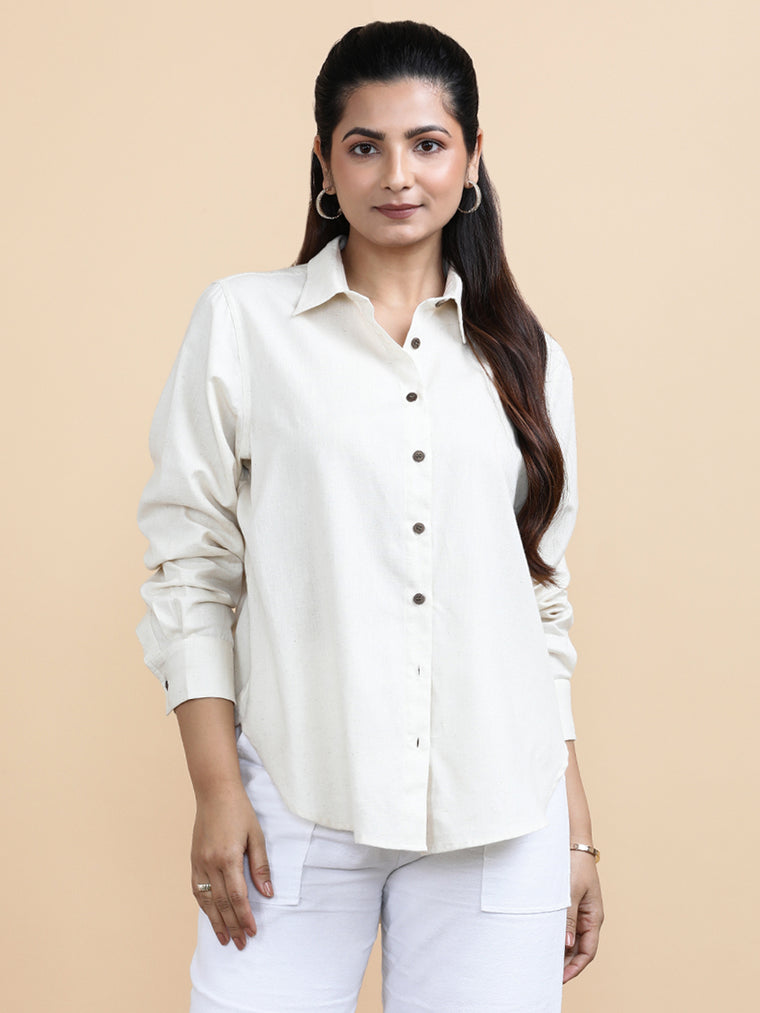 Aria x Soma Shirt, in Cream 70% Cotton 30% Linen, featuring full sleeves and regular collar neckline, made for daily & work.
