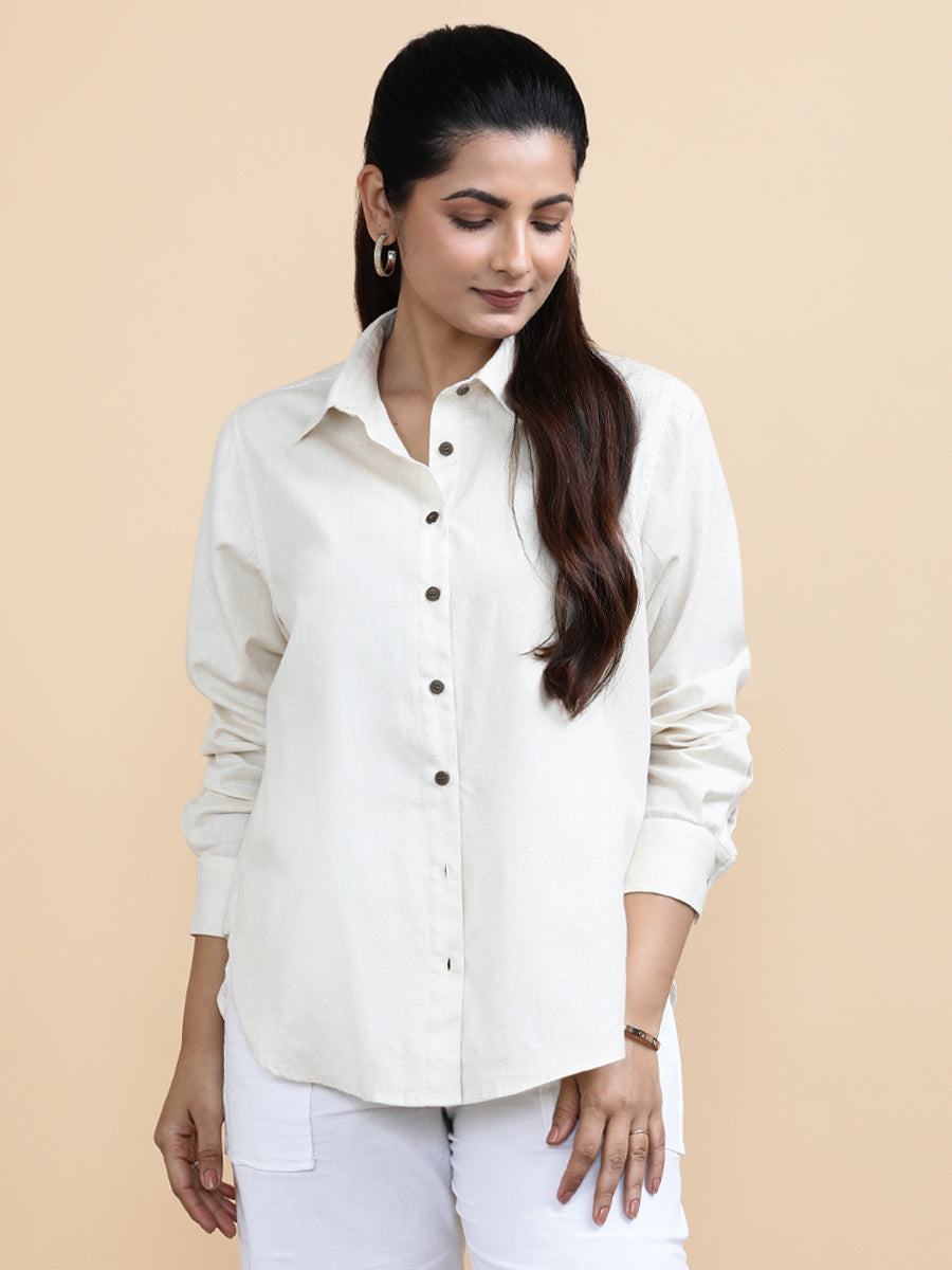 Aria x Soma Shirt, in Cream 70% Cotton 30% Linen, featuring full sleeves and regular collar neckline, made for daily & work.