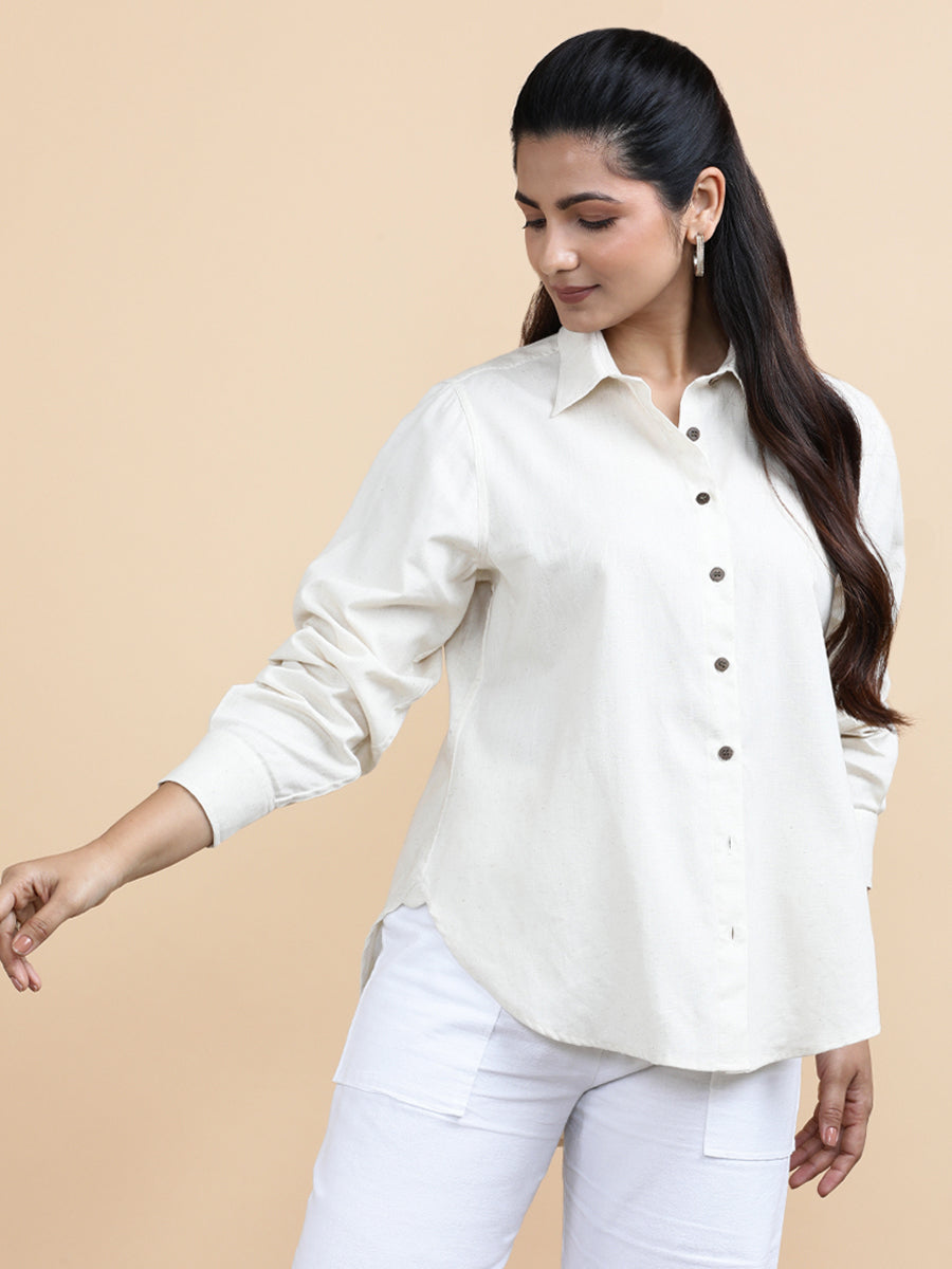 Aria x Soma Shirt, in Cream 70% Cotton 30% Linen, featuring full sleeves and regular collar neckline, made for daily & work.