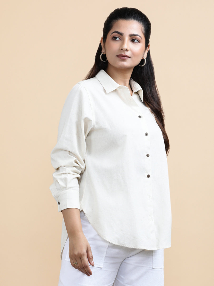 Aria x Soma Shirt, in Cream 70% Cotton 30% Linen, featuring full sleeves and regular collar neckline, made for daily & work.