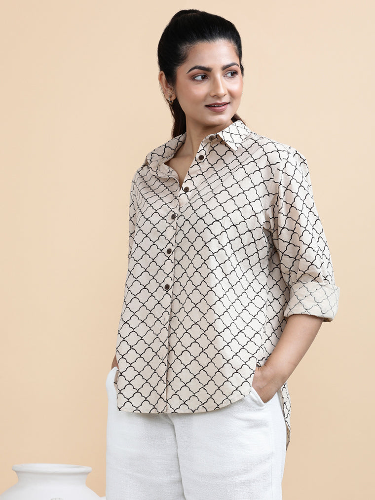 Ariel x Soma Shirt, in Cream 100% Cotton, featuring full sleeves and regular collar neckline, made for daily & work.