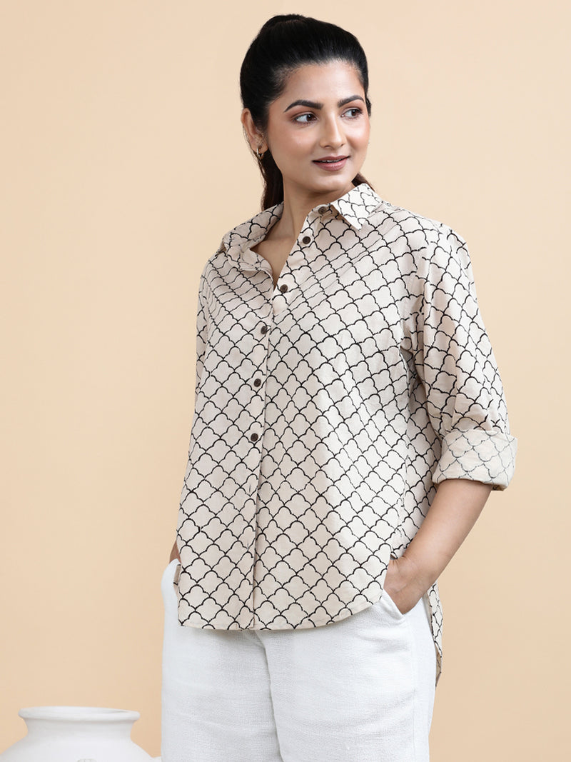 Ariel x Soma | Relaxed Women's Shirt in Cream Fishscale Block Print Cotton-Binks