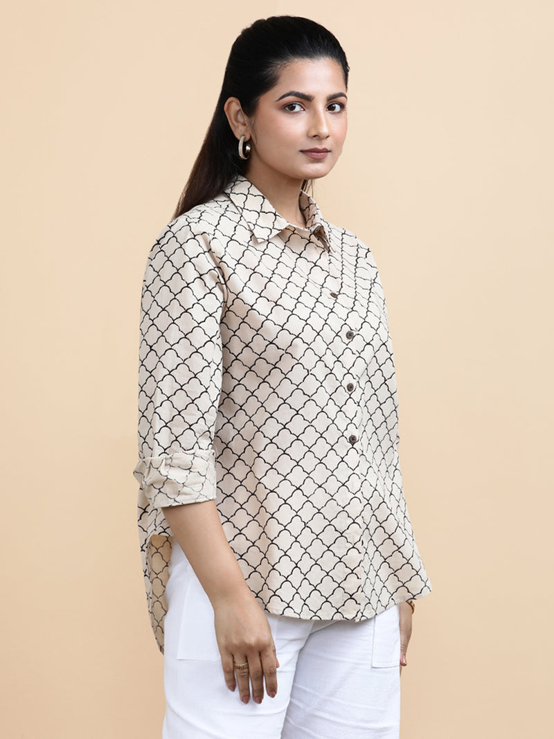 Ariel x Soma | Relaxed Women's Shirt in Cream Fishscale Block Print Cotton-Binks