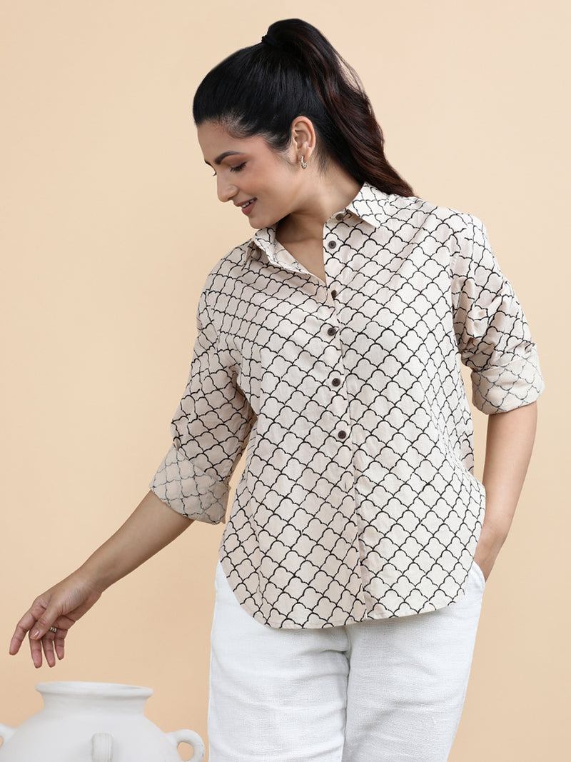 Ariel x Soma | Relaxed Women's Shirt in Cream Fishscale Block Print Cotton-Binks