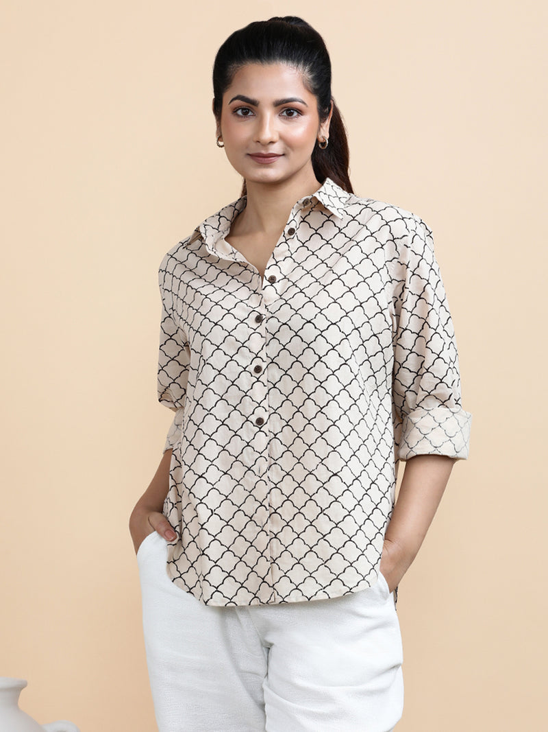Ariel x Soma | Relaxed Women's Shirt in Cream Fishscale Block Print Cotton-Binks