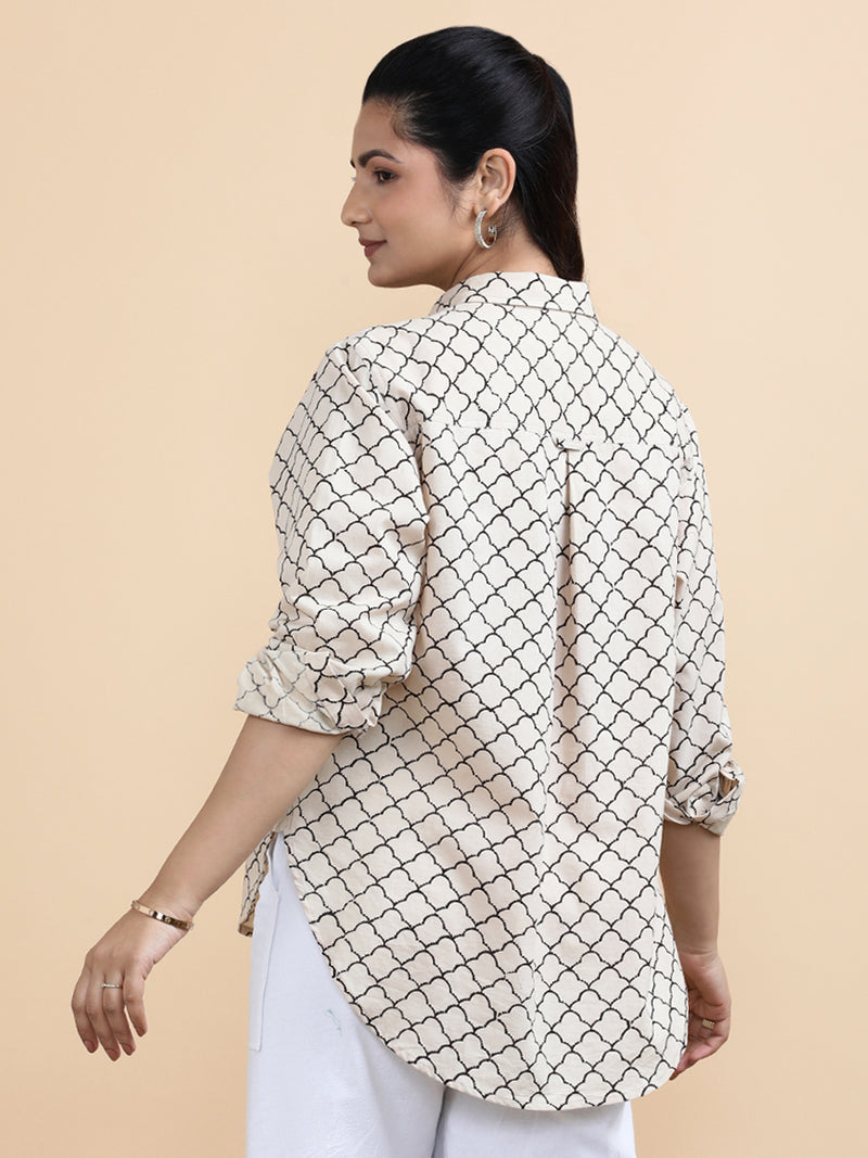 Ariel x Soma | Relaxed Women's Shirt in Cream Fishscale Block Print Cotton-Binks