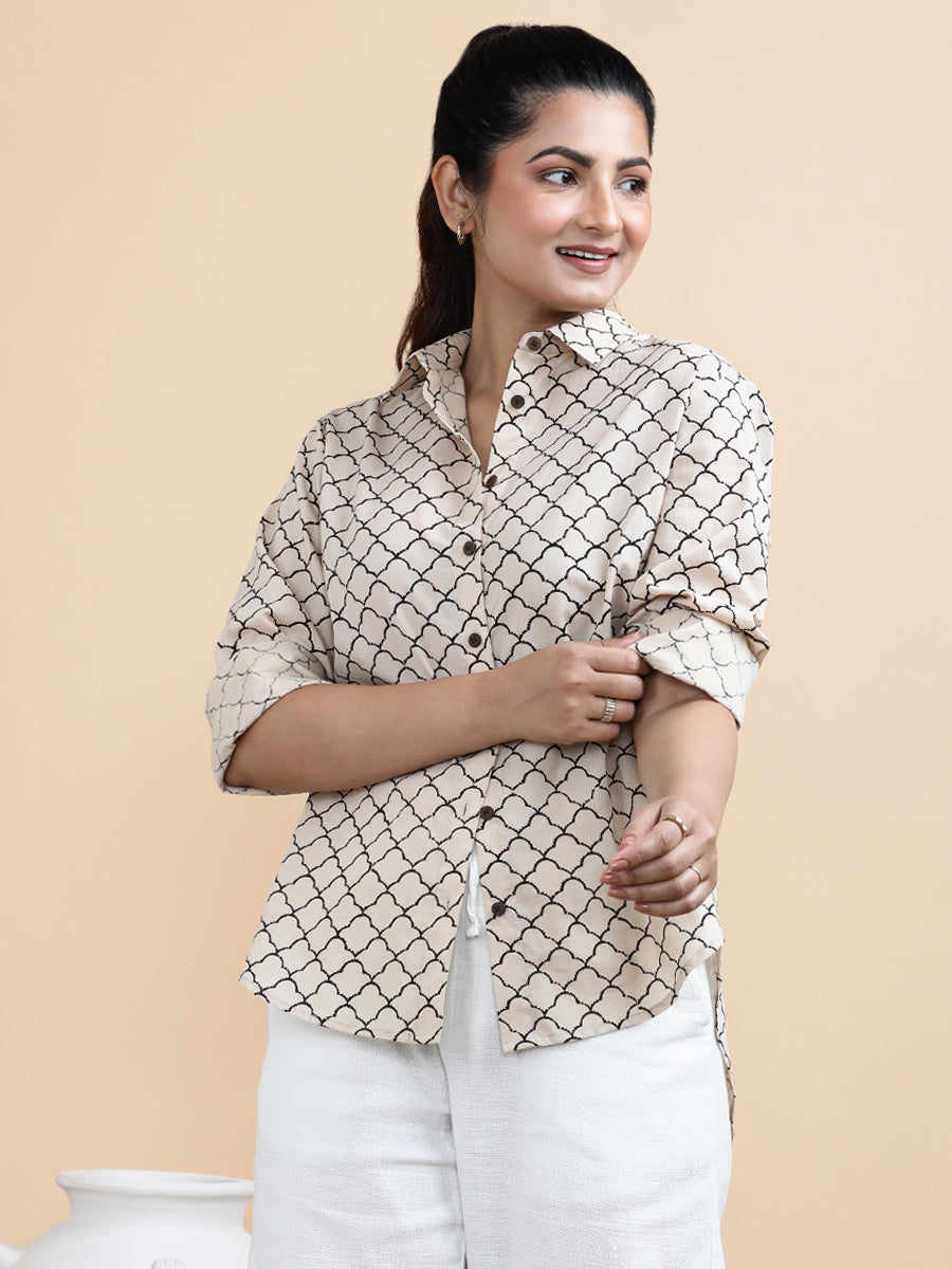Ariel x Soma Shirt, in Cream 100% Cotton, featuring full sleeves and regular collar neckline, made for daily & work (view 3).