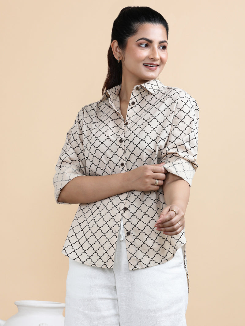 Ariel x Soma | Relaxed Women's Shirt in Cream Fishscale Block Print Cotton-Binks