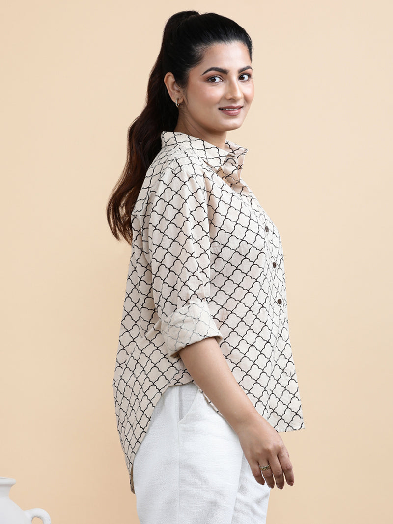 Ariel x Soma | Relaxed Women's Shirt in Cream Fishscale Block Print Cotton-Binks