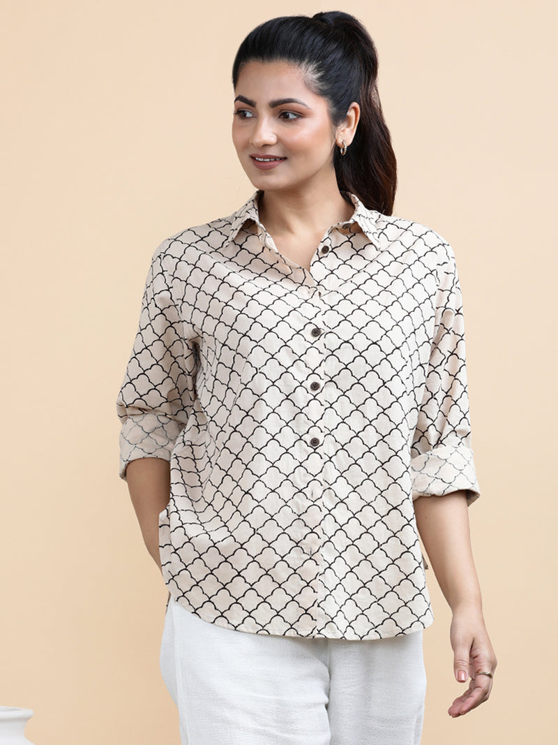 Ariel x Soma | Relaxed Women's Shirt in Cream Fishscale Block Print Cotton-Binks