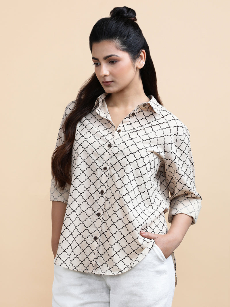 Ariel x Soma | Relaxed Women's Shirt in Cream Fishscale Block Print Cotton-Binks