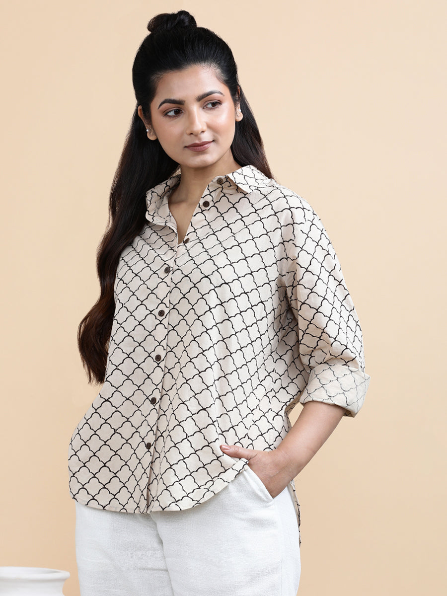 Ariel x Soma Shirt, in Cream 100% Cotton, featuring full sleeves and regular collar neckline, made for daily & work (view 7).
