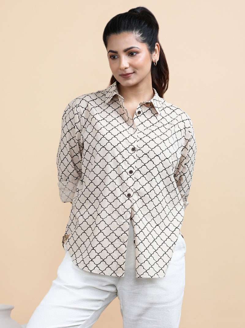 Ariel x Soma | Relaxed Women's Shirt in Cream Fishscale Block Print Cotton-Binks