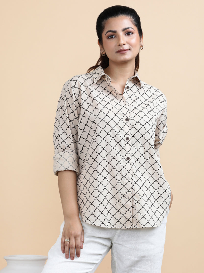Ariel x Soma | Relaxed Women's Shirt in Cream Fishscale Block Print Cotton-Binks