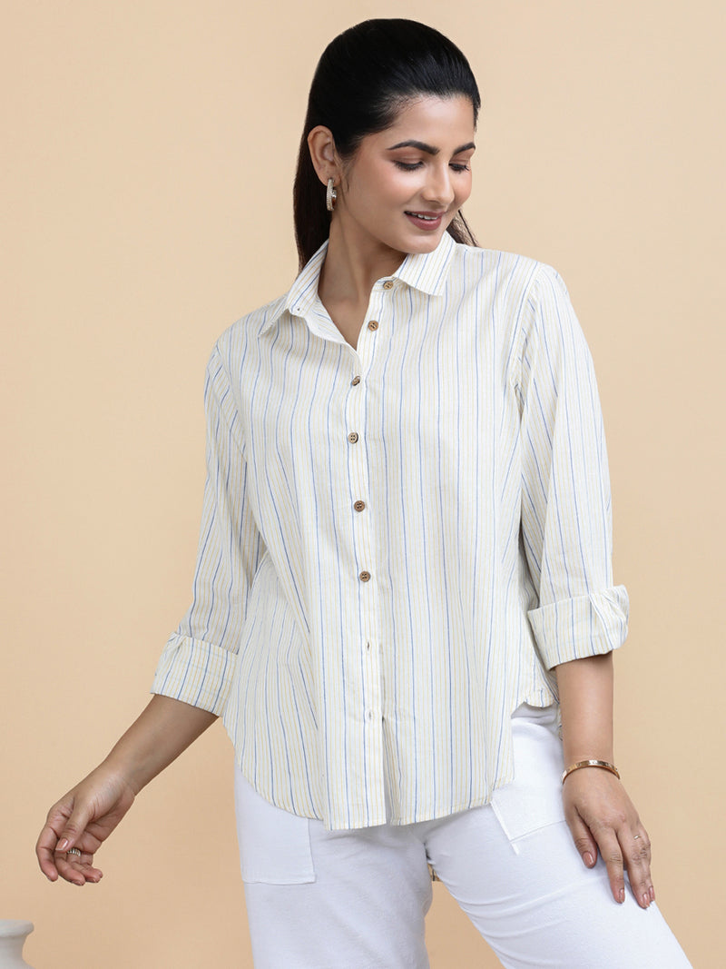 Aurora x Soma | Relaxed Women's Shirt in Sunny Loom Stripes Handloom Khadi Cotton-Binks