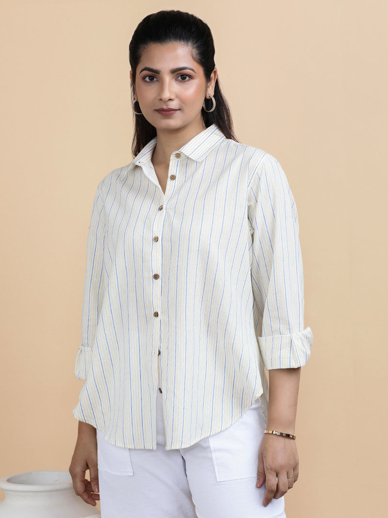 Aurora x Soma | Relaxed Women's Shirt in Sunny Loom Stripes Handloom Khadi Cotton-Binks