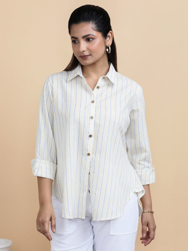 Aurora x Soma | Relaxed Women's Shirt in Sunny Loom Stripes Handloom Khadi Cotton-Binks