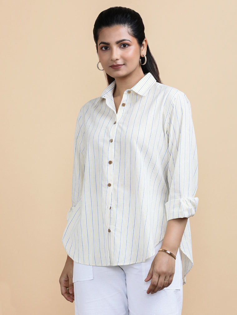 Aurora x Soma Shirt, in White 100% Pure Handloom Khadi Cotton, featuring full sleeves and regular collar neckline (view 3).