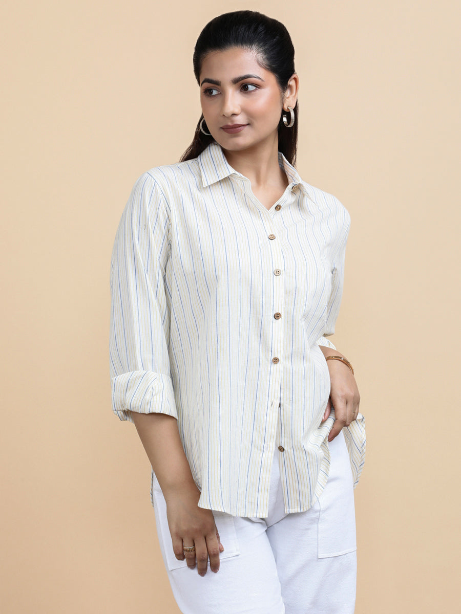 Aurora x Soma Shirt, in White 100% Pure Handloom Khadi Cotton, featuring full sleeves and regular collar neckline (view 4).