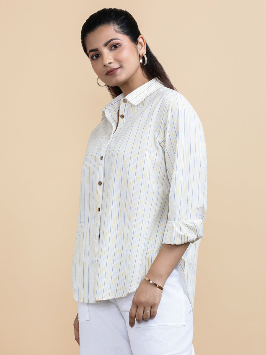 Aurora x Soma Shirt, in White 100% Pure Handloom Khadi Cotton, featuring full sleeves and regular collar neckline (view 5).