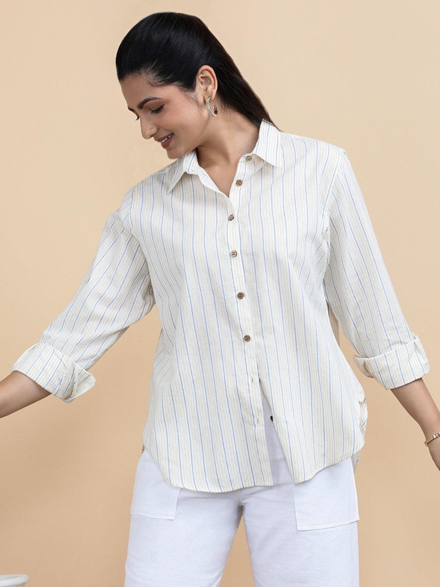 Aurora x Soma Shirt, in White 100% Pure Handloom Khadi Cotton, featuring full sleeves and regular collar neckline (view 6).