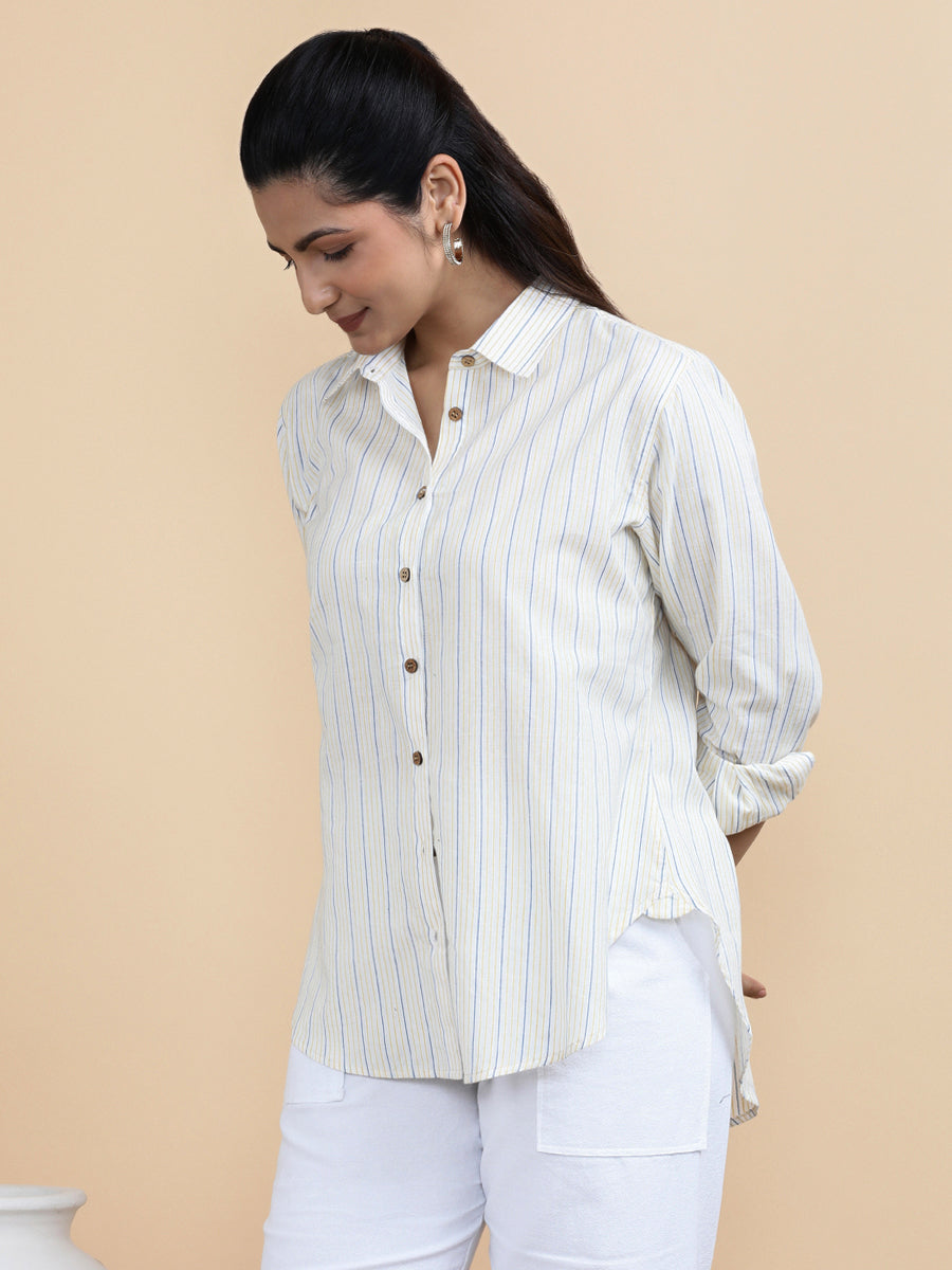 Aurora x Soma Shirt, in White 100% Pure Handloom Khadi Cotton, featuring full sleeves and regular collar neckline (view 7).