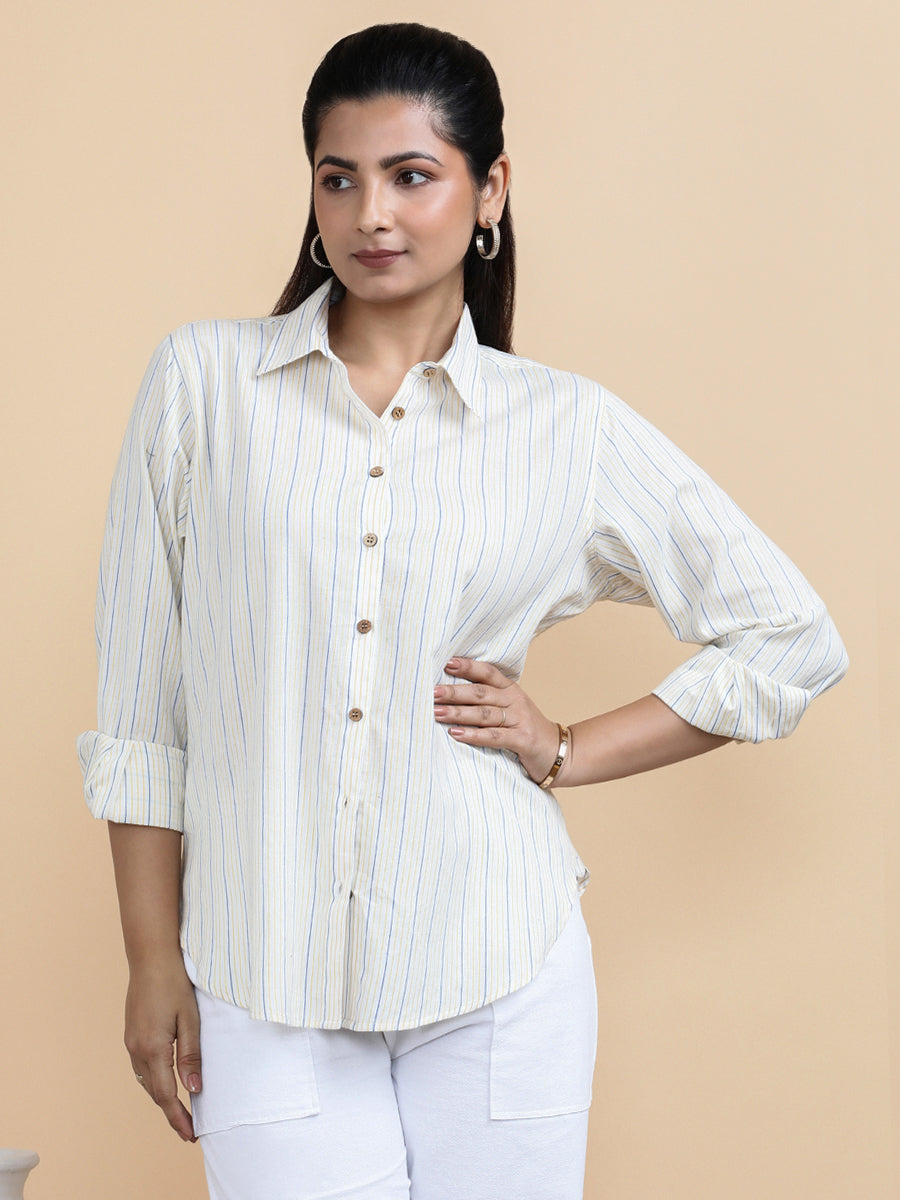 Aurora x Soma Shirt, in White 100% Pure Handloom Khadi Cotton, featuring full sleeves and regular collar neckline (view 8).