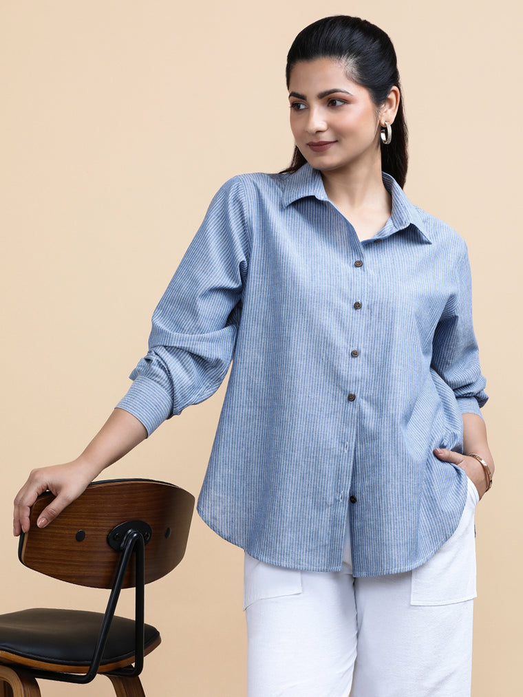 Ava x Soma Shirt, in Blue 100% Pure Handloom Khadi Cotton, featuring full sleeves and regular collar neckline.