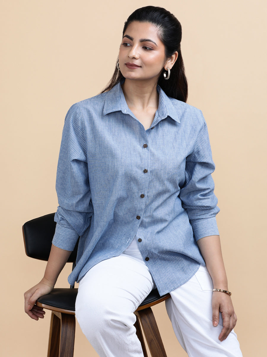 Ava x Soma Shirt, in Blue 100% Pure Handloom Khadi Cotton, featuring full sleeves and regular collar neckline (view 7).