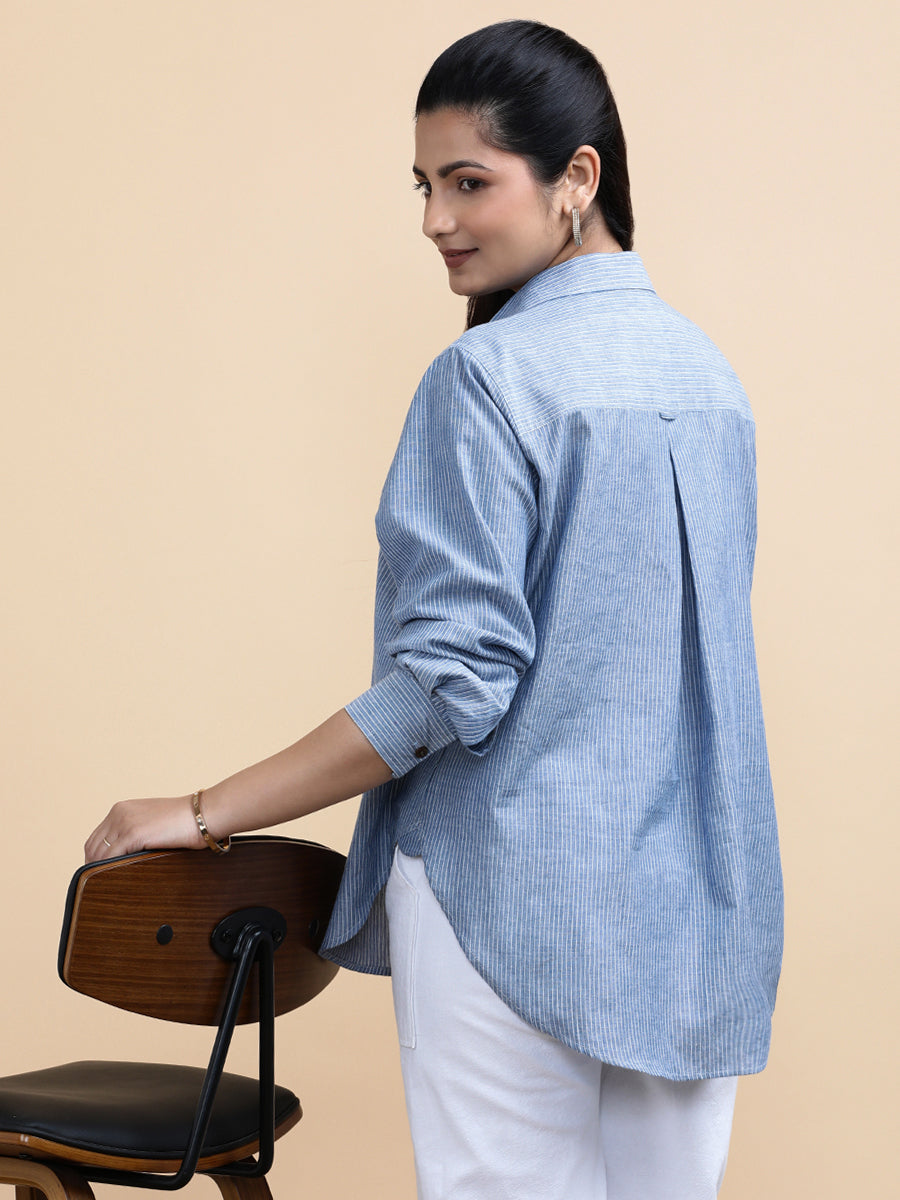Ava x Soma Shirt, in Blue 100% Pure Handloom Khadi Cotton, featuring full sleeves and regular collar neckline (view 8).