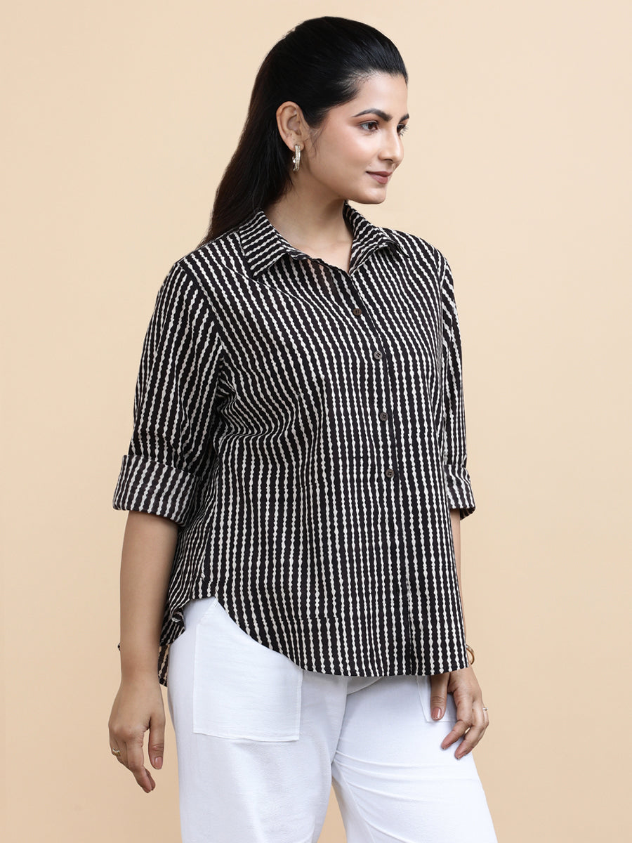 Bella x Soma Shirt, in Black 100% Cotton, featuring full sleeves and regular collar neckline, made for daily & work.