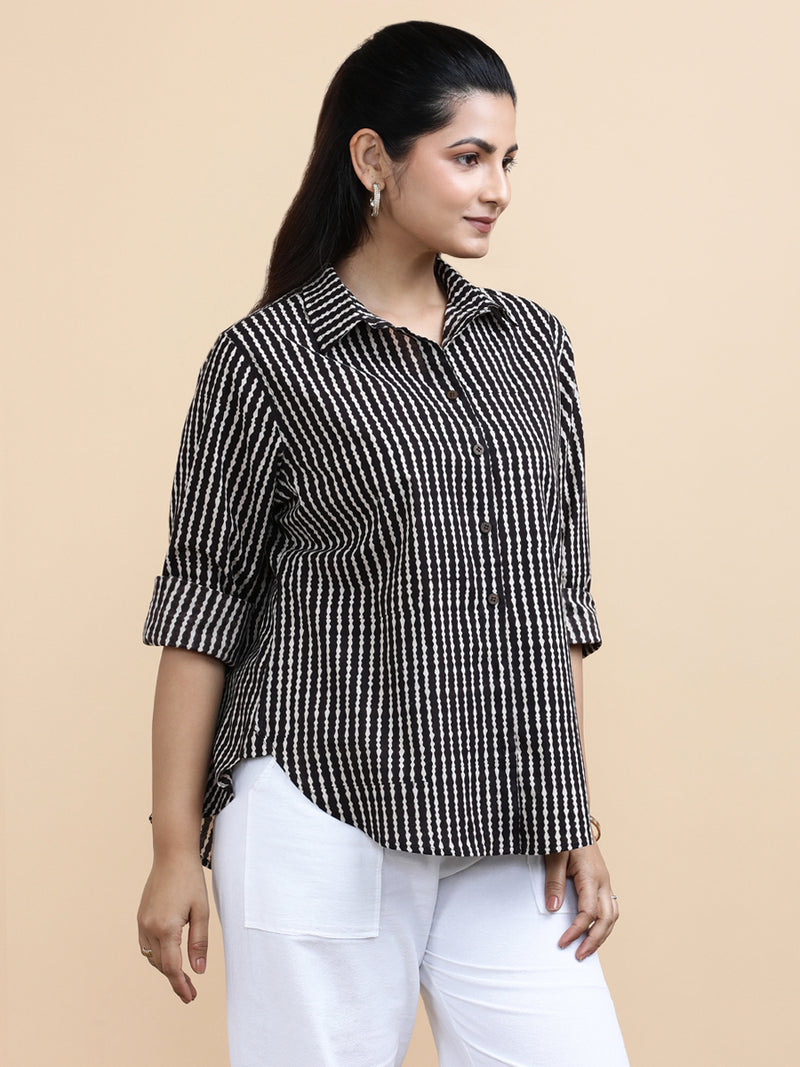 Bella x Soma | Relaxed Women's Shirt in Earthy Black Stripes Block Print Cotton-Binks