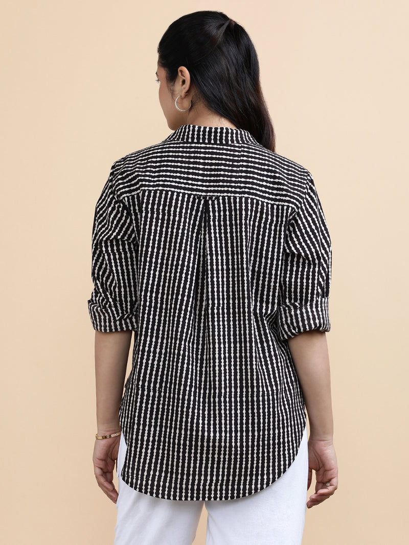 Bella x Soma | Relaxed Women's Shirt in Earthy Black Stripes Block Print Cotton-Binks