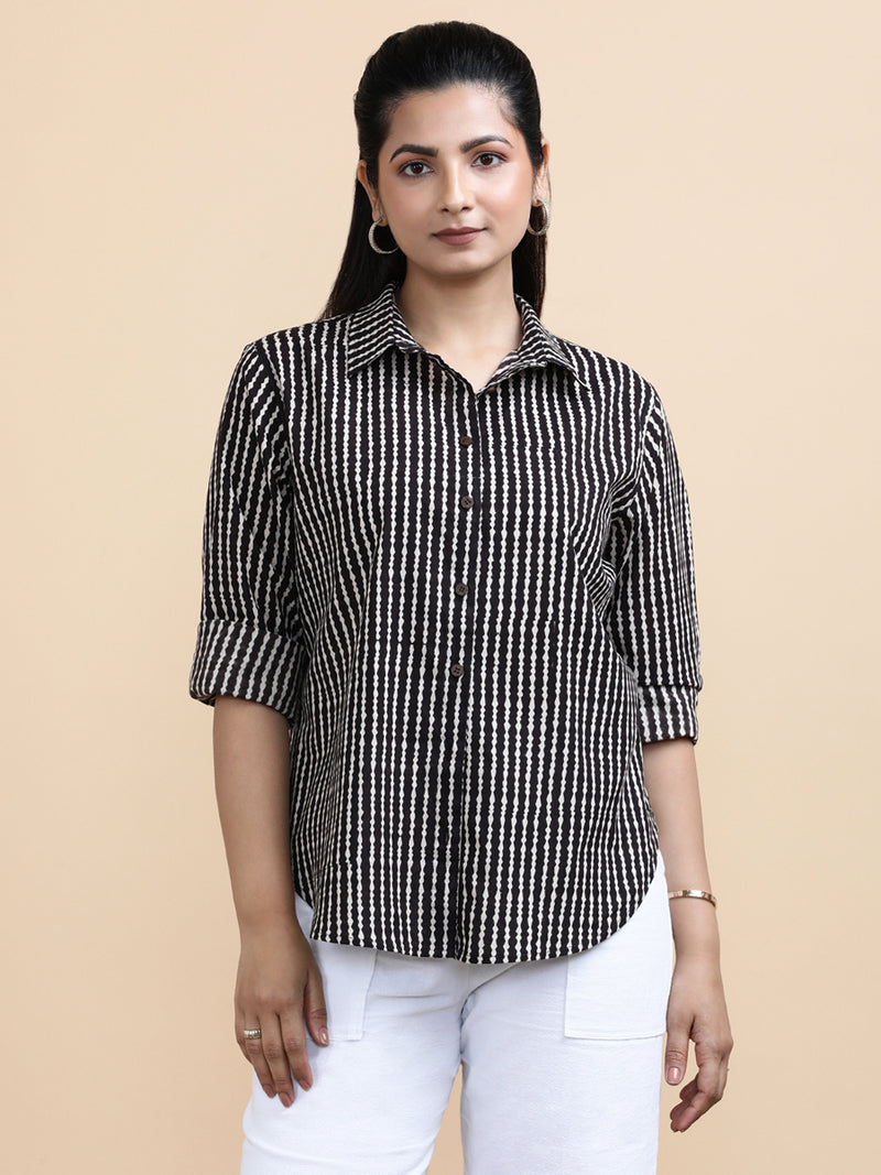 Bella x Soma | Relaxed Women's Shirt in Earthy Black Stripes Block Print Cotton-Binks