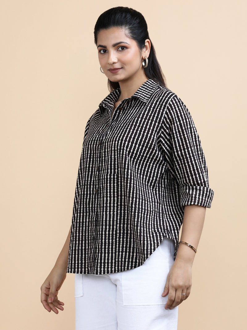 Bella x Soma | Relaxed Women's Shirt in Earthy Black Stripes Block Print Cotton-Binks