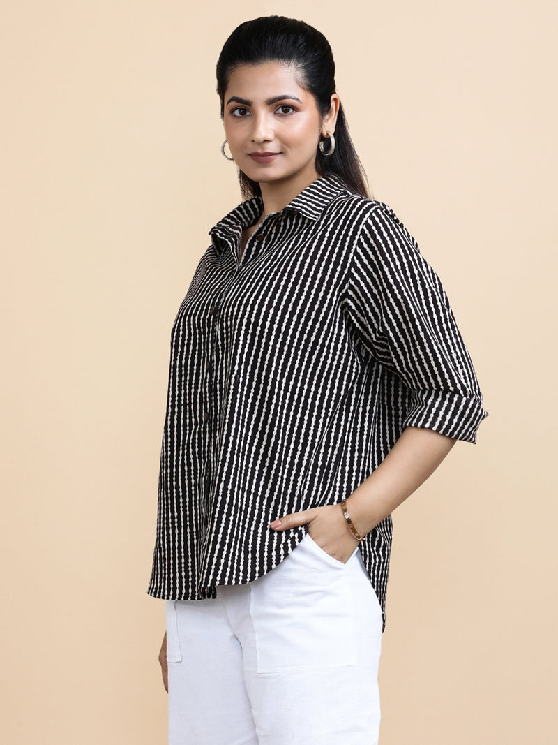 Bella x Soma | Relaxed Women's Shirt in Earthy Black Stripes Block Print Cotton-Binks