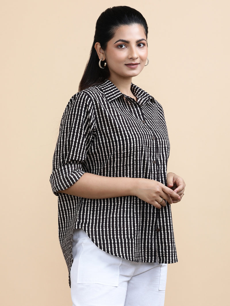 Bella x Soma | Relaxed Women's Shirt in Earthy Black Stripes Block Print Cotton-Binks