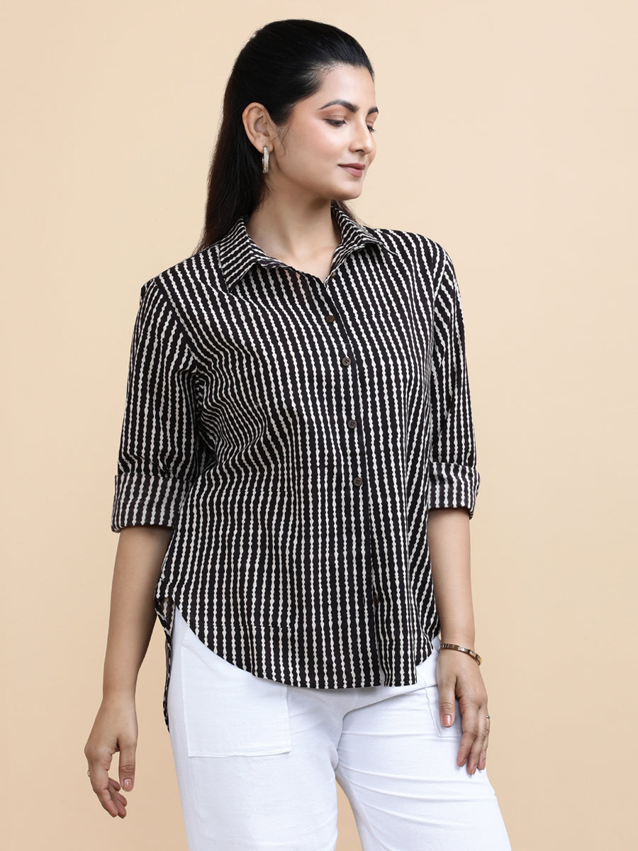 Bella x Soma Shirt, in Black 100% Cotton, featuring full sleeves and regular collar neckline, made for daily & work (view 7).