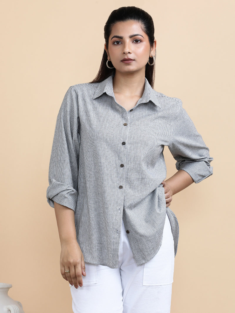 Camila x Soma | Relaxed Women's Shirt in Checkmate Grid Handloom Khadi Cotton-Binks