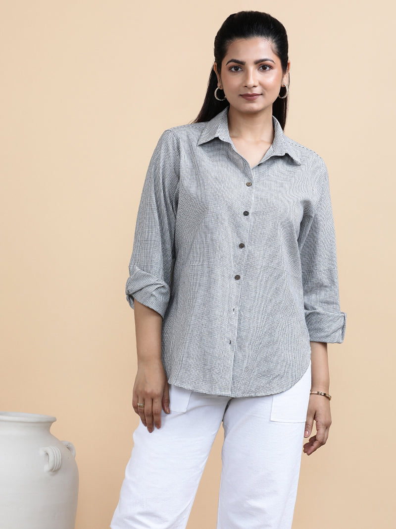 Camila x Soma | Relaxed Women's Shirt in Checkmate Grid Handloom Khadi Cotton-Binks